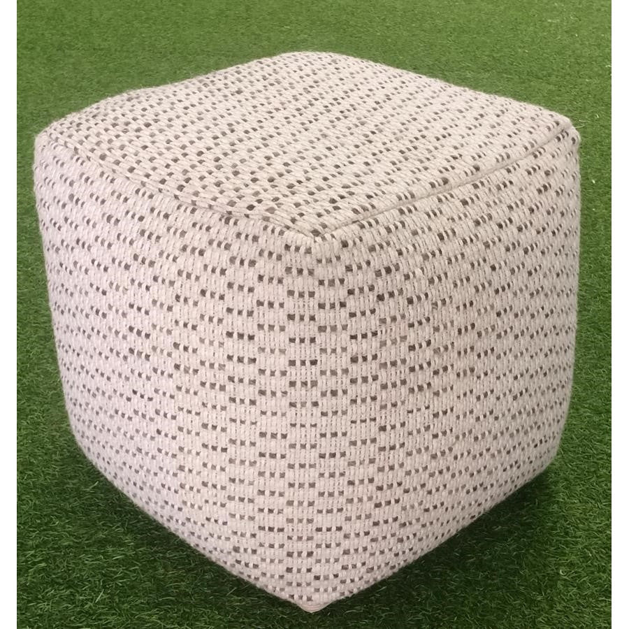 Front view of the Kimono cubic pouf featuring a dense ivory and grey geometric weave and a soft structured square silhouette