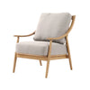 Kinsley club chair with light linen cushions and natural wood frame angled view