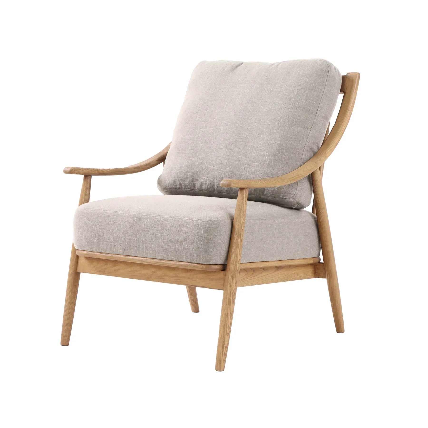 Kinsley club chair with light linen cushions and natural wood frame angled view