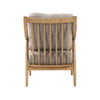 Kinsley club chair with light linen cushions and natural wood frame back view