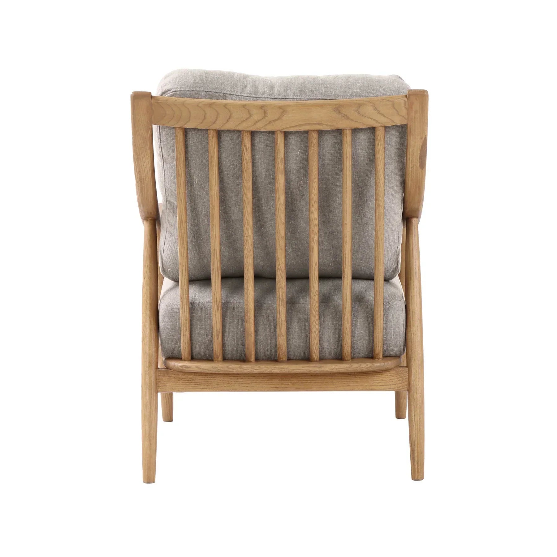 Kinsley club chair with light linen cushions and natural wood frame back view