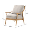 Kinsley club chair with light linen cushions and natural wood frame with dimensions