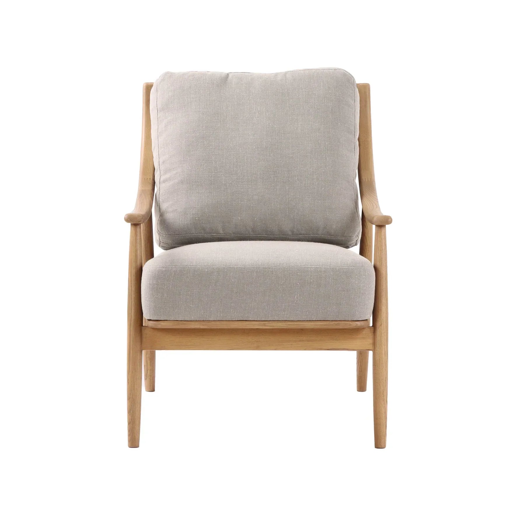 Kinsley club chair with light linen cushions and natural wood frame front view