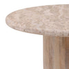 Side profile view highlighting the thin profile of the marble tabletop and the substantial wood pedestal base