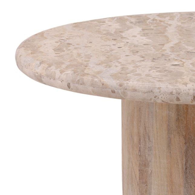Side profile view highlighting the thin profile of the marble tabletop and the substantial wood pedestal base