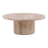 Front view of the Kiyomi coffee table featuring a circular cream marble top and a thick cylindrical natural wood pedestal base