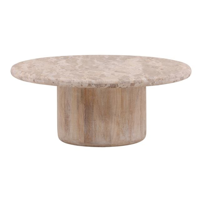 Front view of the Kiyomi coffee table featuring a circular cream marble top and a thick cylindrical natural wood pedestal base
