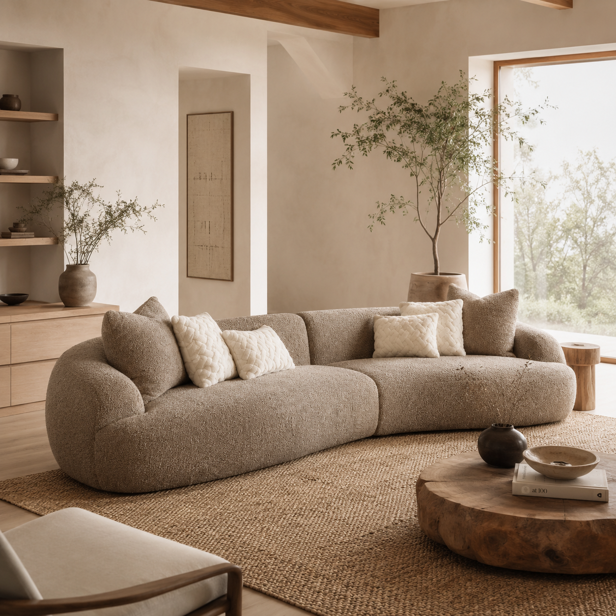 Front view of Klint curved bouclé sectional sofa in taupe