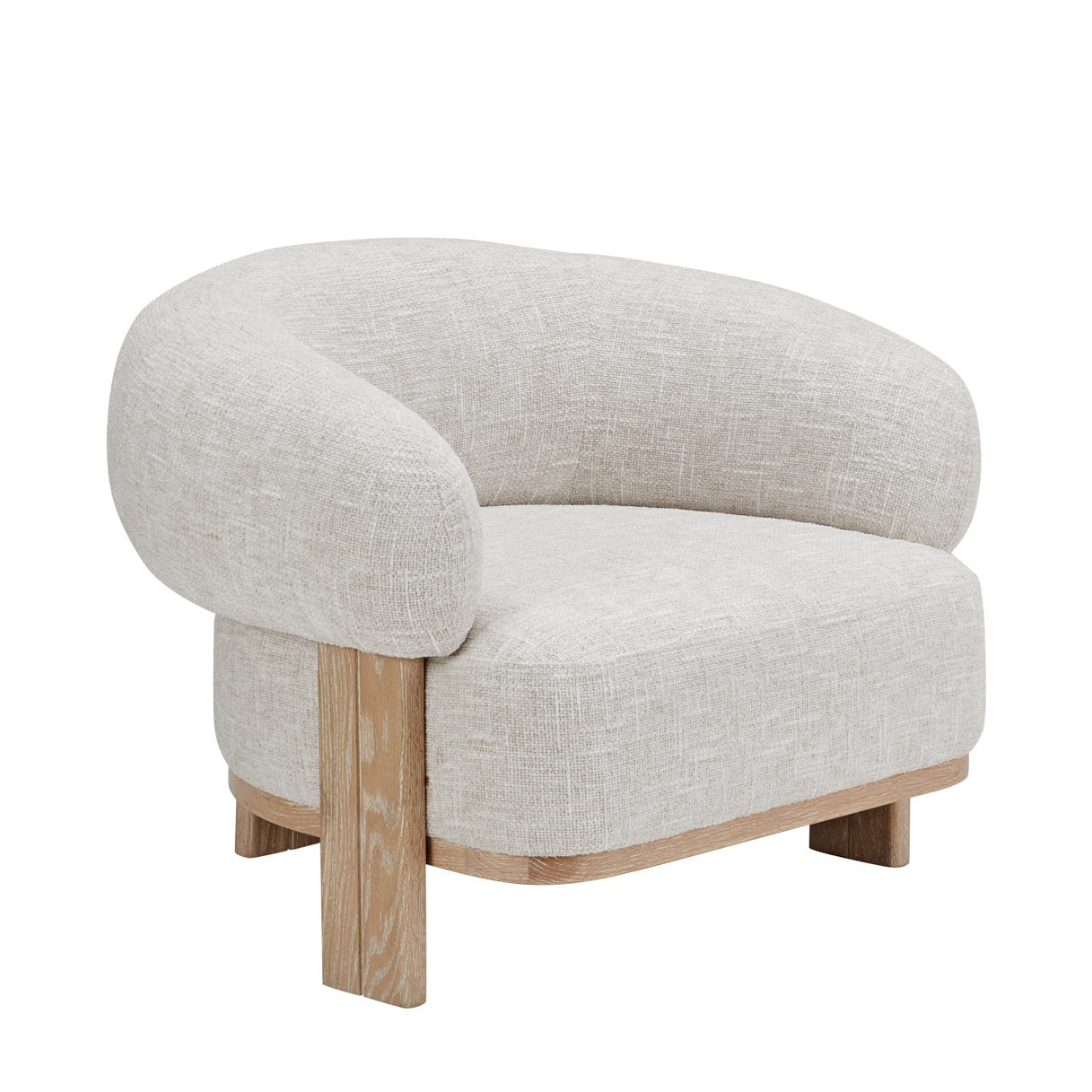 Front angled view of the Konsta accent chair featuring plush cream-colored upholstery and a low-profile natural wood cross-base frame