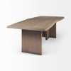 Alternative angled view showcasing the expansive solid wood surface and the minimalist architectural slab legs