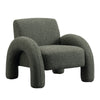 Three-quarter view of the green KOS chair demonstrating the seamless flow of the arch armrests into the supporting legs