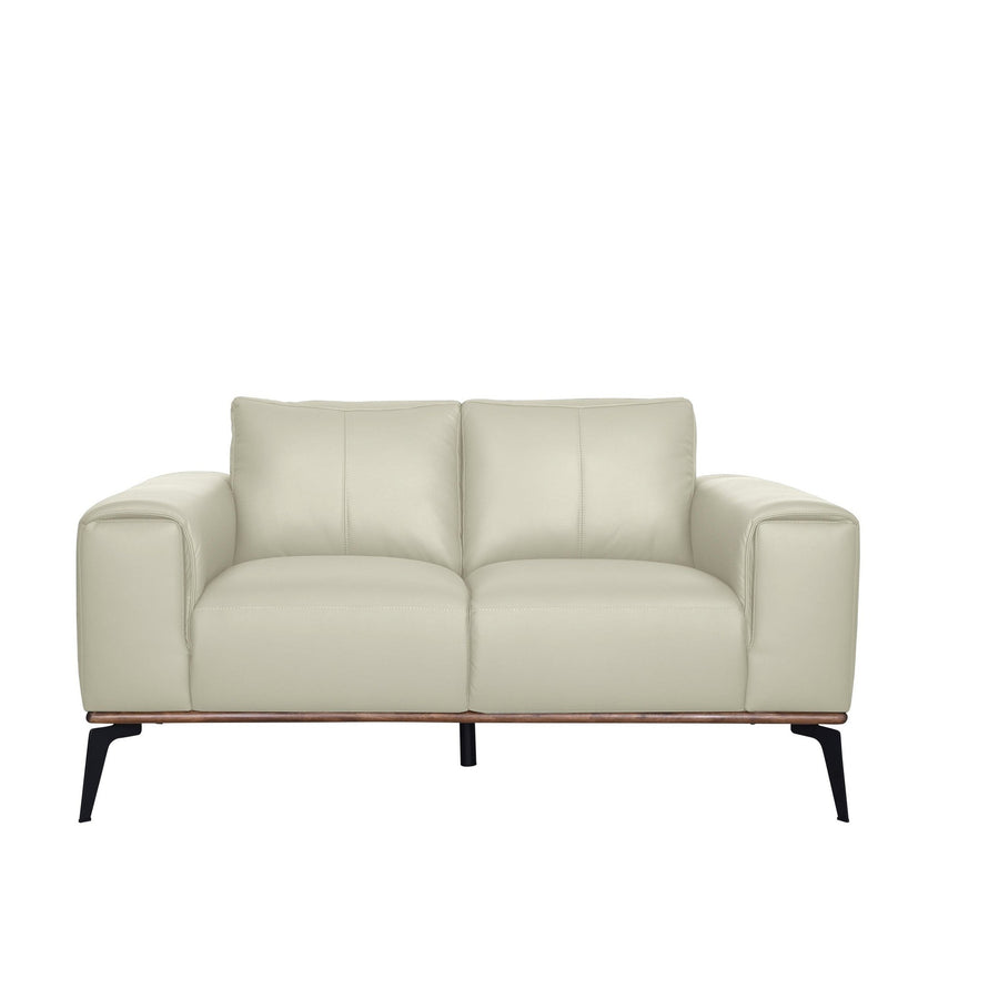 Front view of the Kreska genuine leather loveseat in cream with black metal legs.