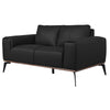Angled left-side view of the black Kreska leather loveseat.