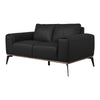 Angled right-side view of the black Kreska leather loveseat.
