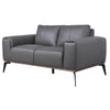 Front-right angled perspective of the charcoal grey Kreska leather loveseat.