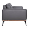 Side profile of the grey Kreska loveseat showing the slim wood accent base.