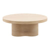 Front view of the Kyrell coffee table featuring a circular light oak top and a unique peanut-shaped pedestal base