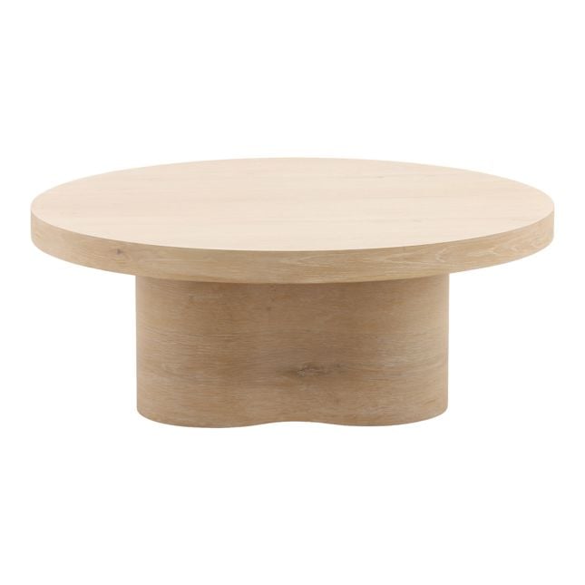 Front view of the Kyrell coffee table featuring a circular light oak top and a unique peanut-shaped pedestal base