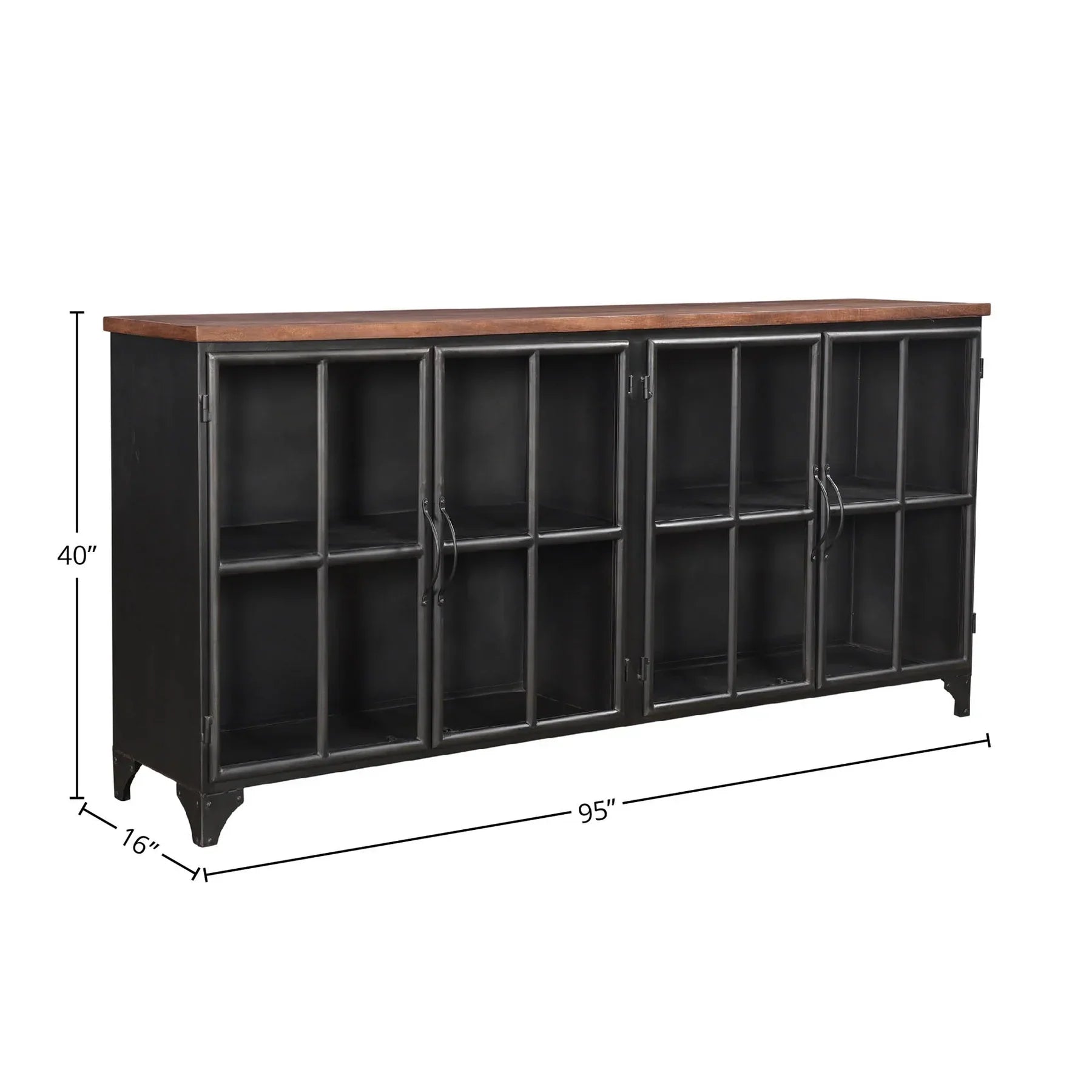 Front view of the Tradition sideboard featuring a rich solid acacia wood construction with four storage doors and a minimalist tapered leg base
