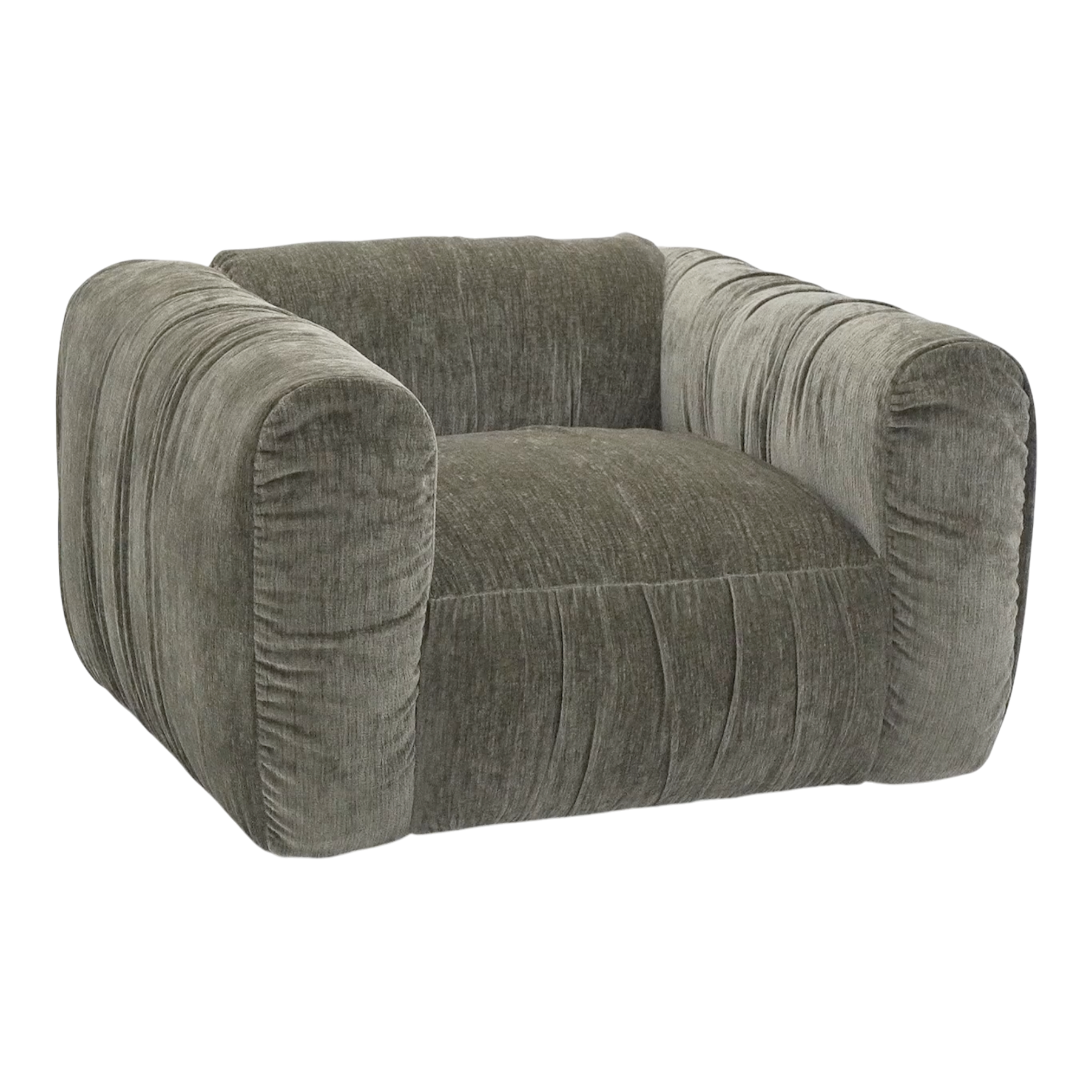Front view of the Larvik accent chair in olive green corduroy featuring a slouchy oversized design and deep vertical pleating