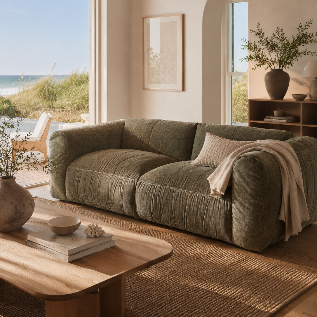 Front view of the Larvik modular 2-seater sofa in moss green corduroy