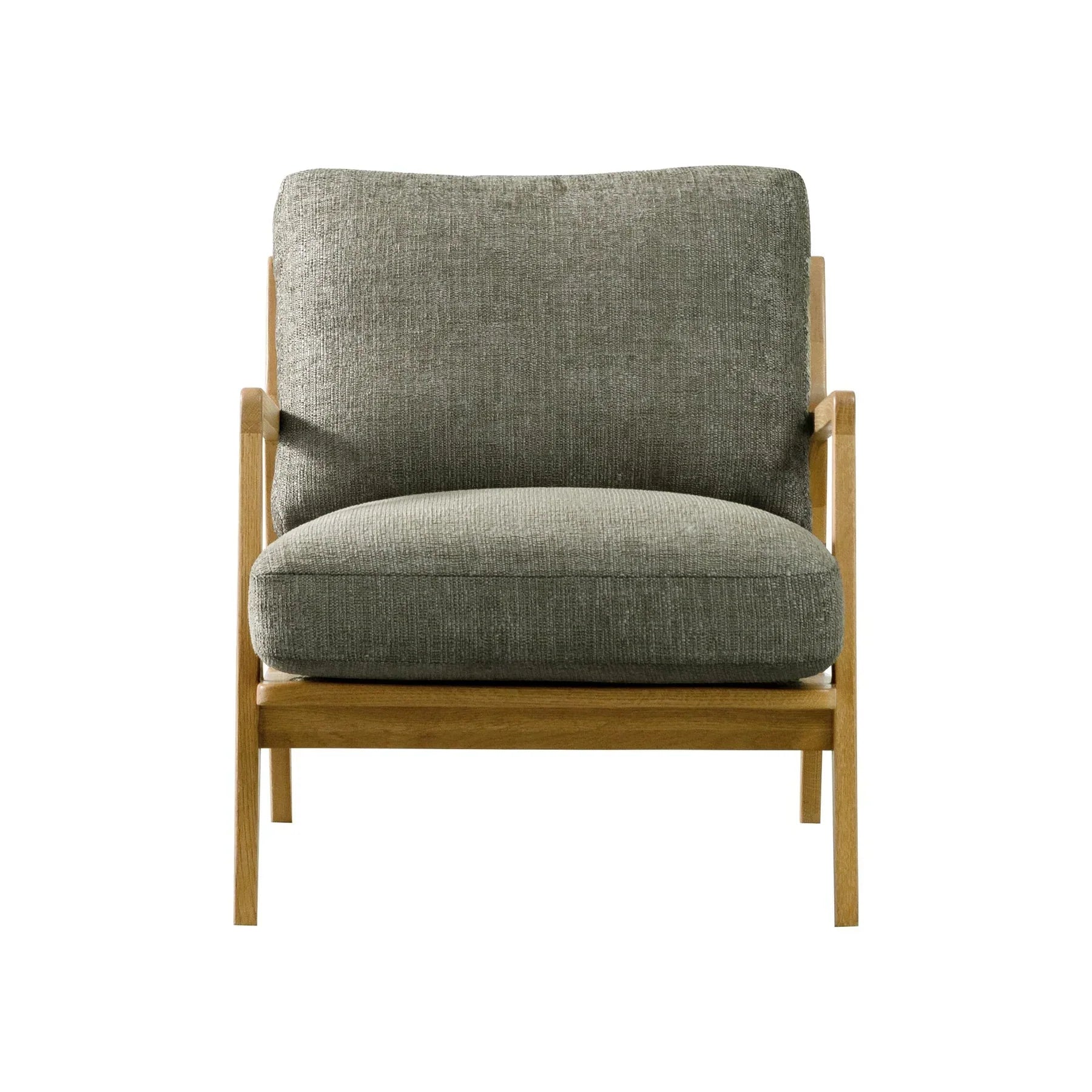 Front view of the Lawrence Arm Chair in heather grey textured fabric