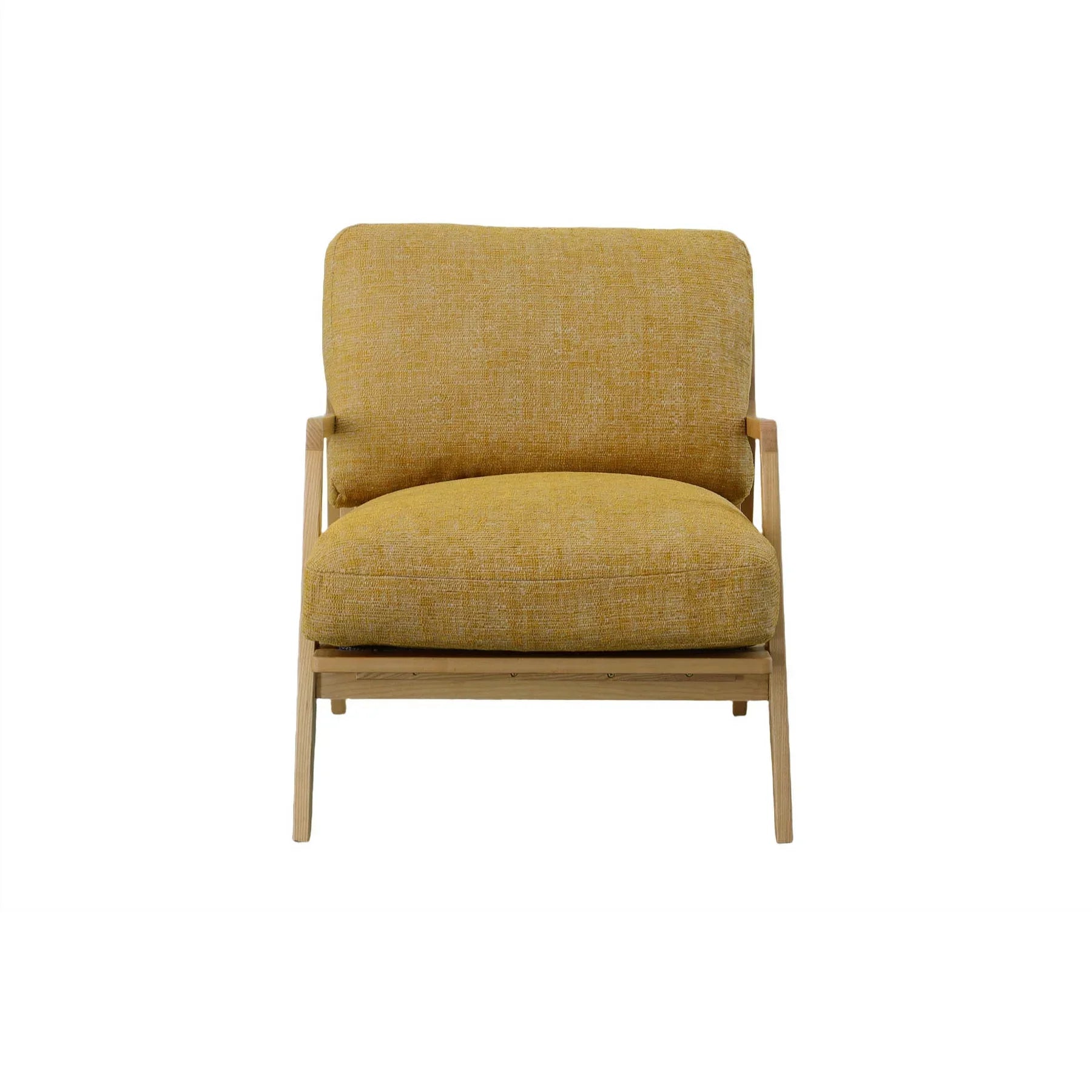 Front view of the Lawrence Arm Chair in mustard yellow textured fabric