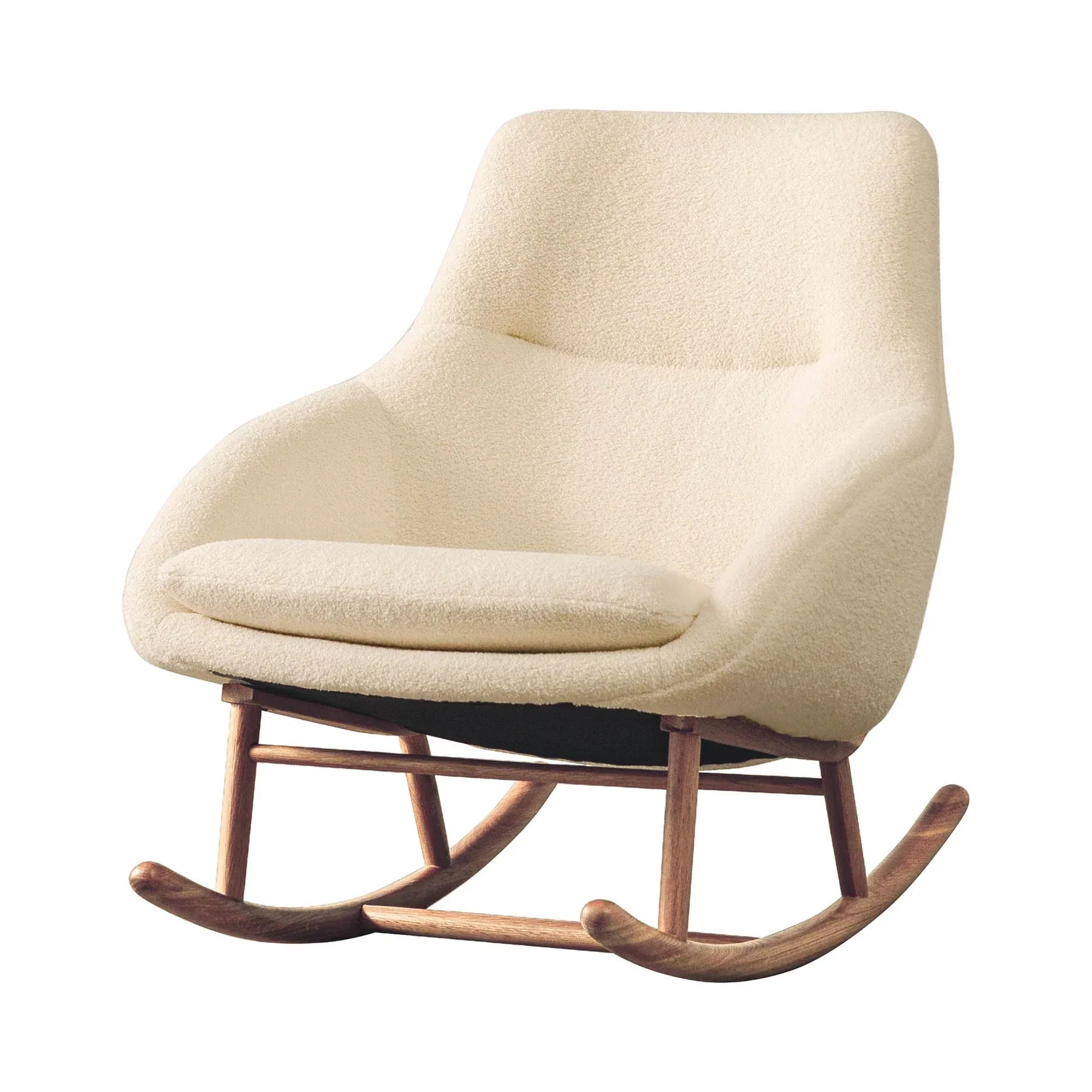 Front view of the Las Vegas Rocker Club Chair in white boucle fabric with a curved walnut wood rocking base