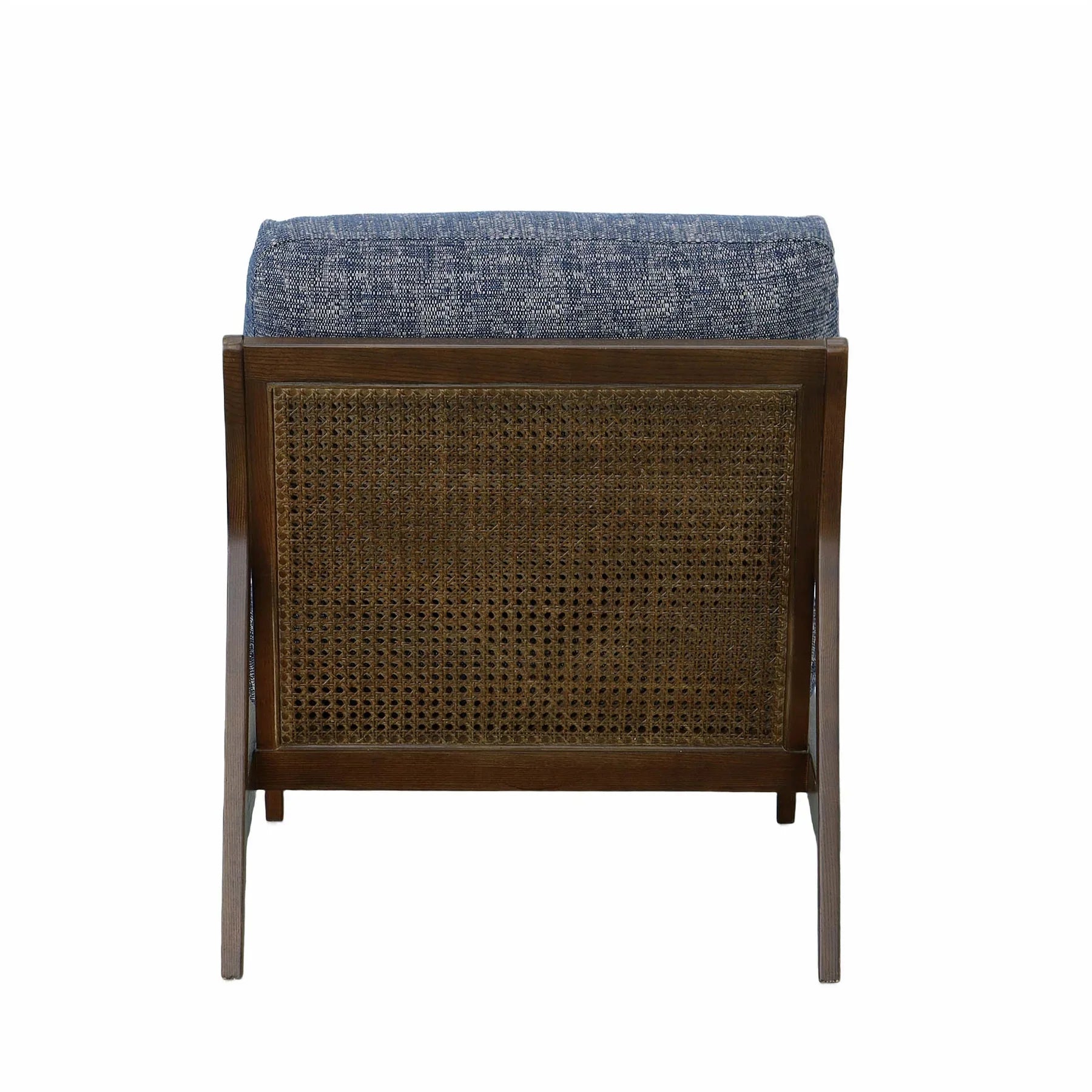 Direct back view of the blue Lawrence chair showing the solid wood support