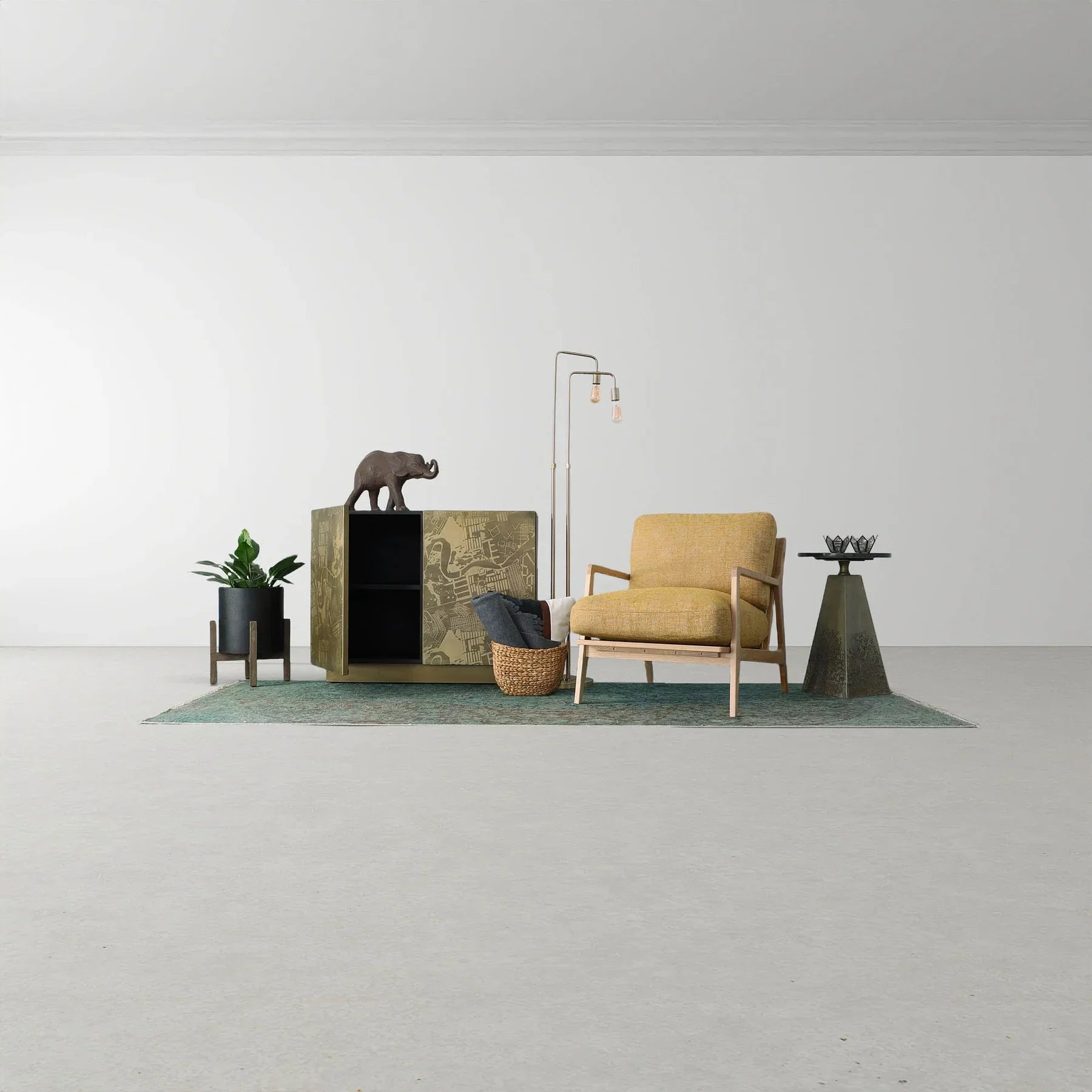 Wide shot of the yellow Lawrence chair in a luxury lounge setting