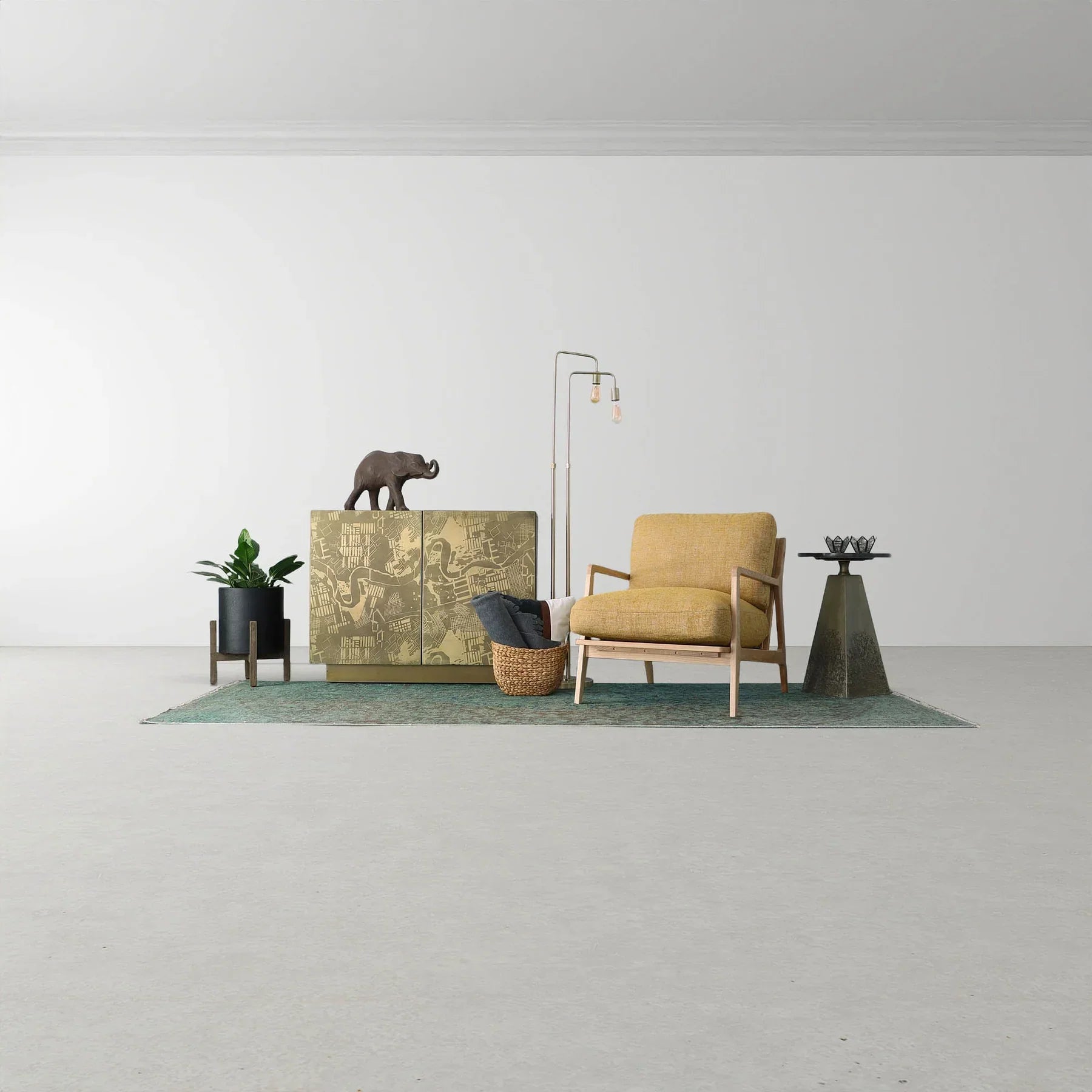 minimalist-gallery	Perspective shot of the yellow chair in a clean gallery-style room