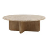 Three-quarter perspective highlighting the thin marble surface and the sculptural geometry of the intersecting wood base