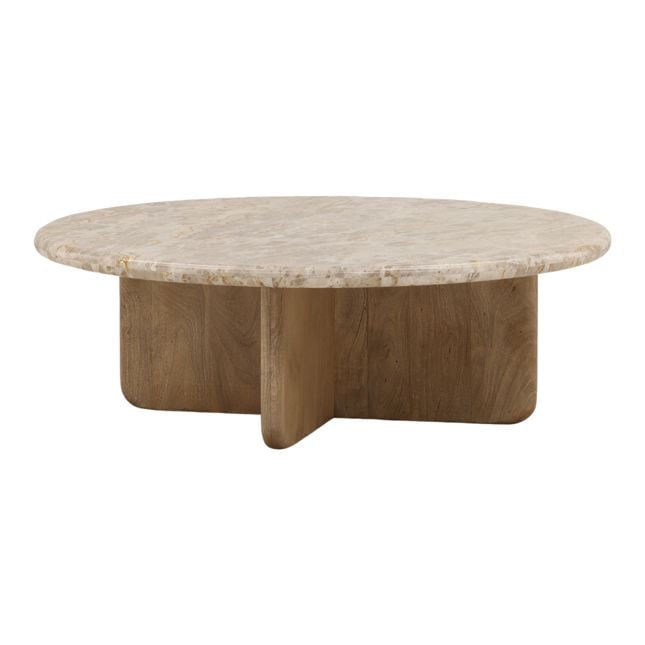 Three-quarter perspective highlighting the thin marble surface and the sculptural geometry of the intersecting wood base