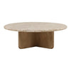 Front view of the Layna coffee table featuring a circular cream marble top and intersecting natural wood slab pedestal legs