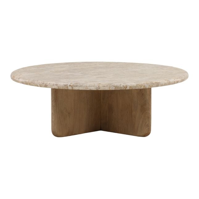 Front view of the Layna coffee table featuring a circular cream marble top and intersecting natural wood slab pedestal legs