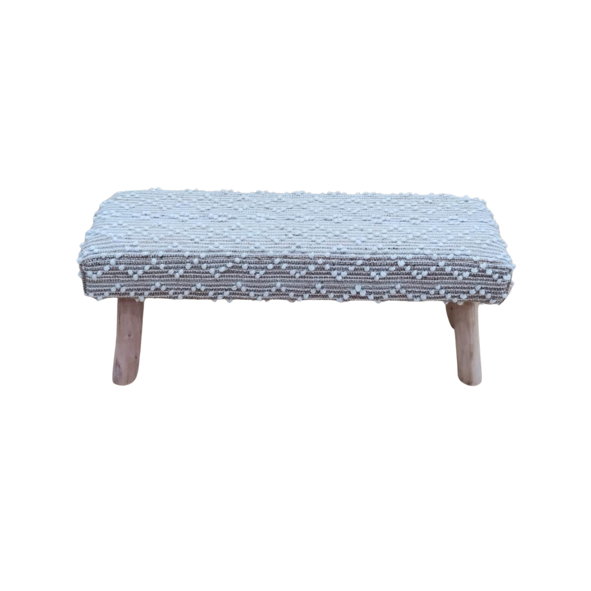 Front view of the Leeward bench featuring ivory and natural textured weaving with a geometric diamond pattern and organic wood legs