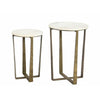 Front view of the Libra nesting table set featuring two circular white marble tops and architectural bronze metal frames