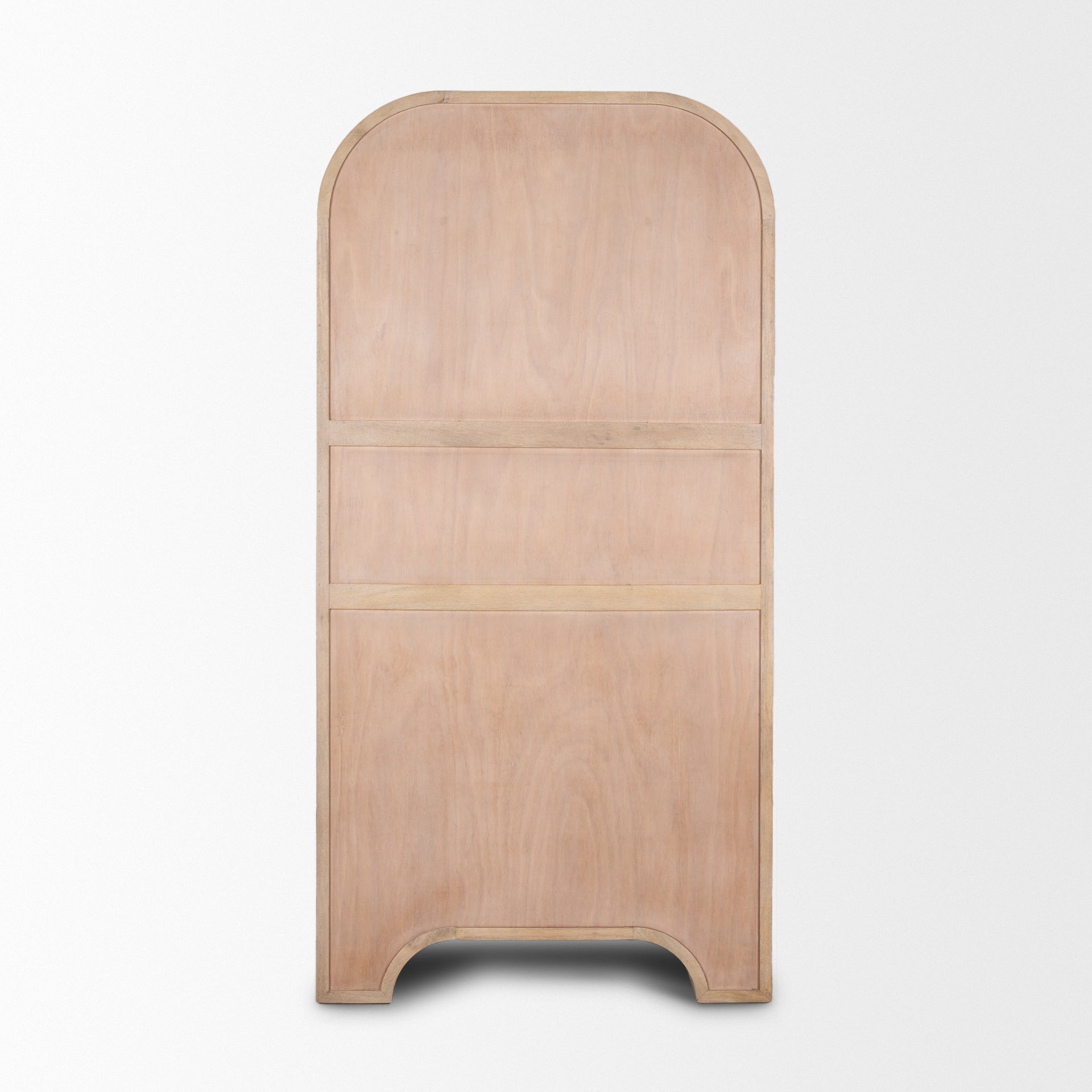 Front view of the Sorina curio cabinet featuring a light brown wood finish and a striking reverse fluted arched design