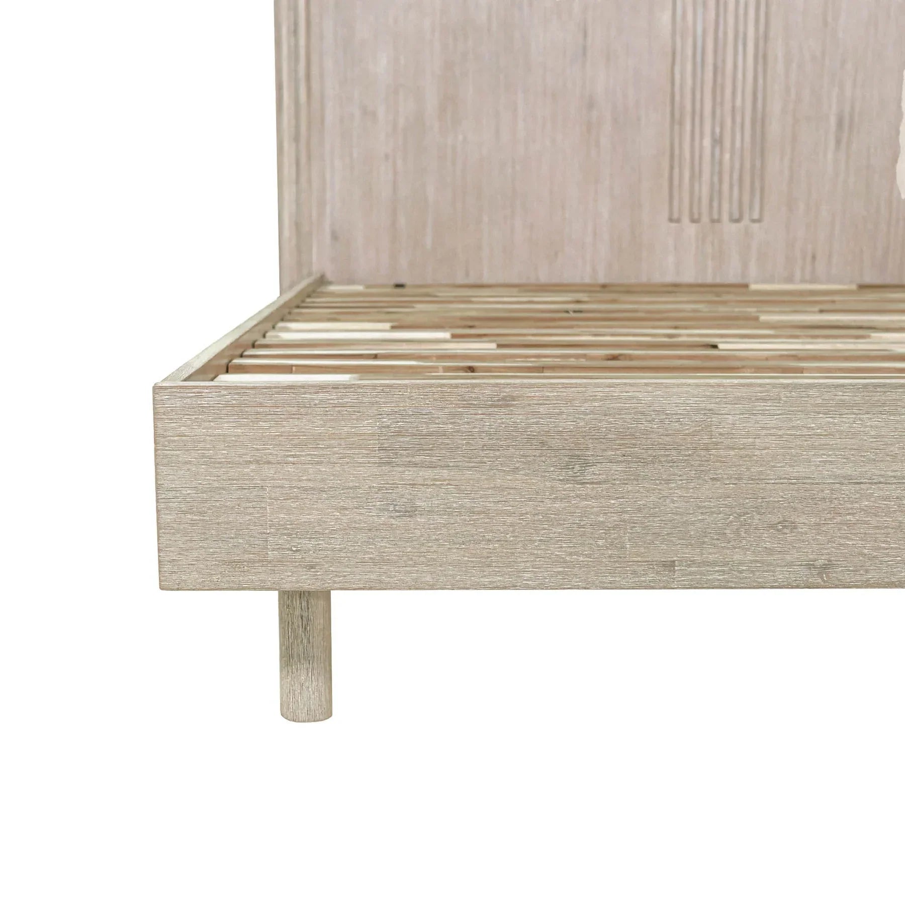 Front view of the Oasis platform bed featuring a light oak wood finish and a high headboard with subtle vertical carved details