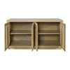Front view with doors open on the light oak version highlighting the internal wood finish and two-tier shelving system