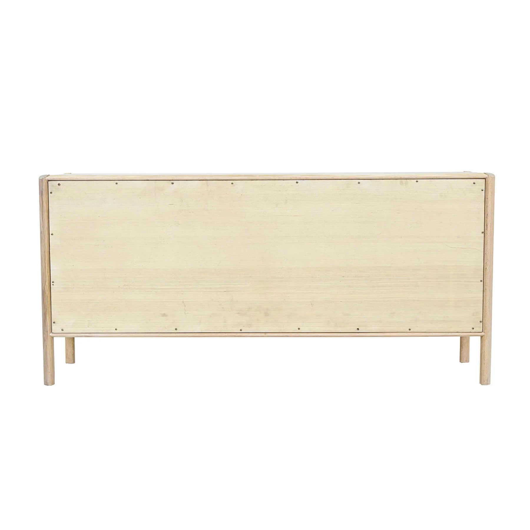Rear view showing the solid finished light wood back panel and the architectural tapered leg base