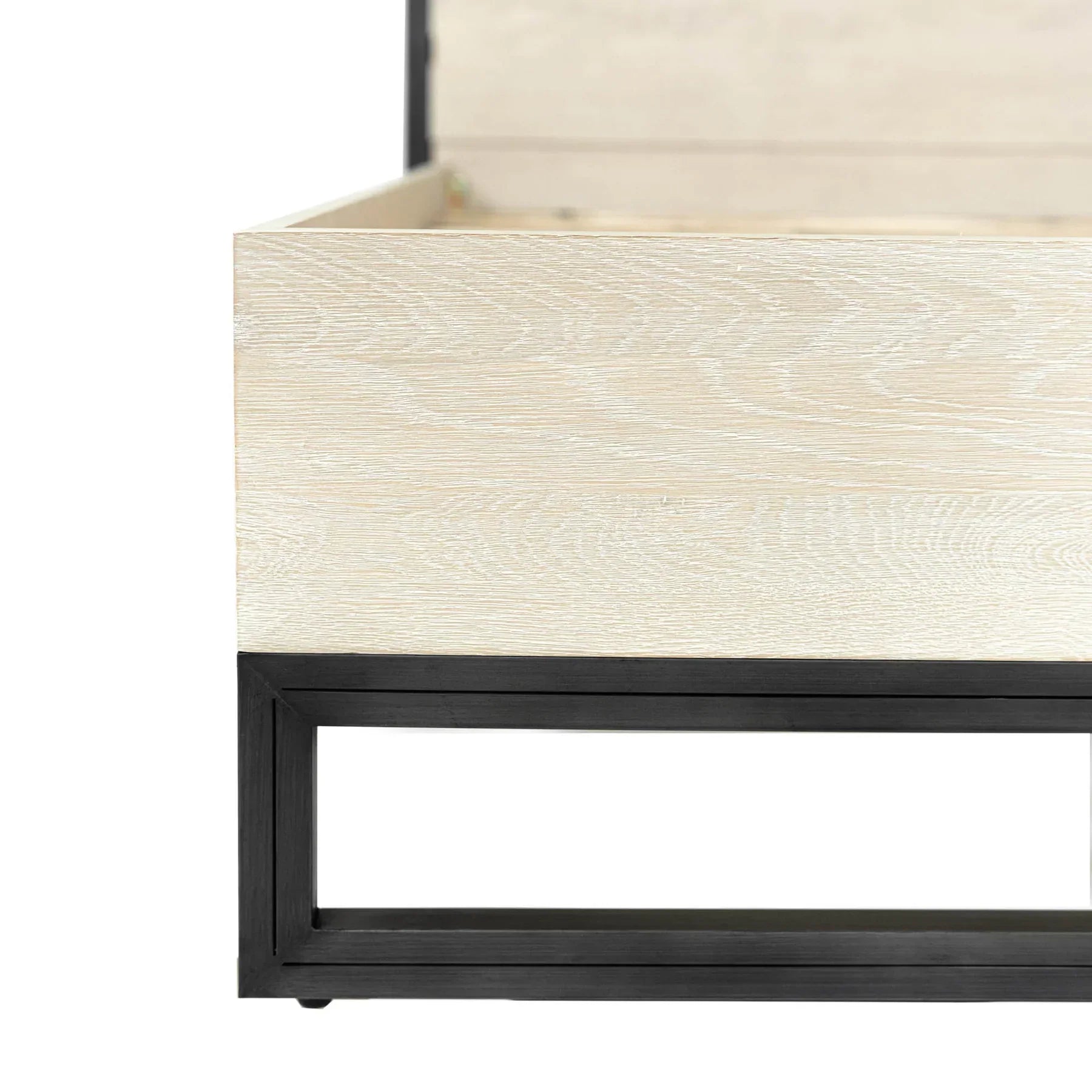 Front view of the Starlight queen platform bed featuring a light oak wood finish and a sturdy black steel architectural base