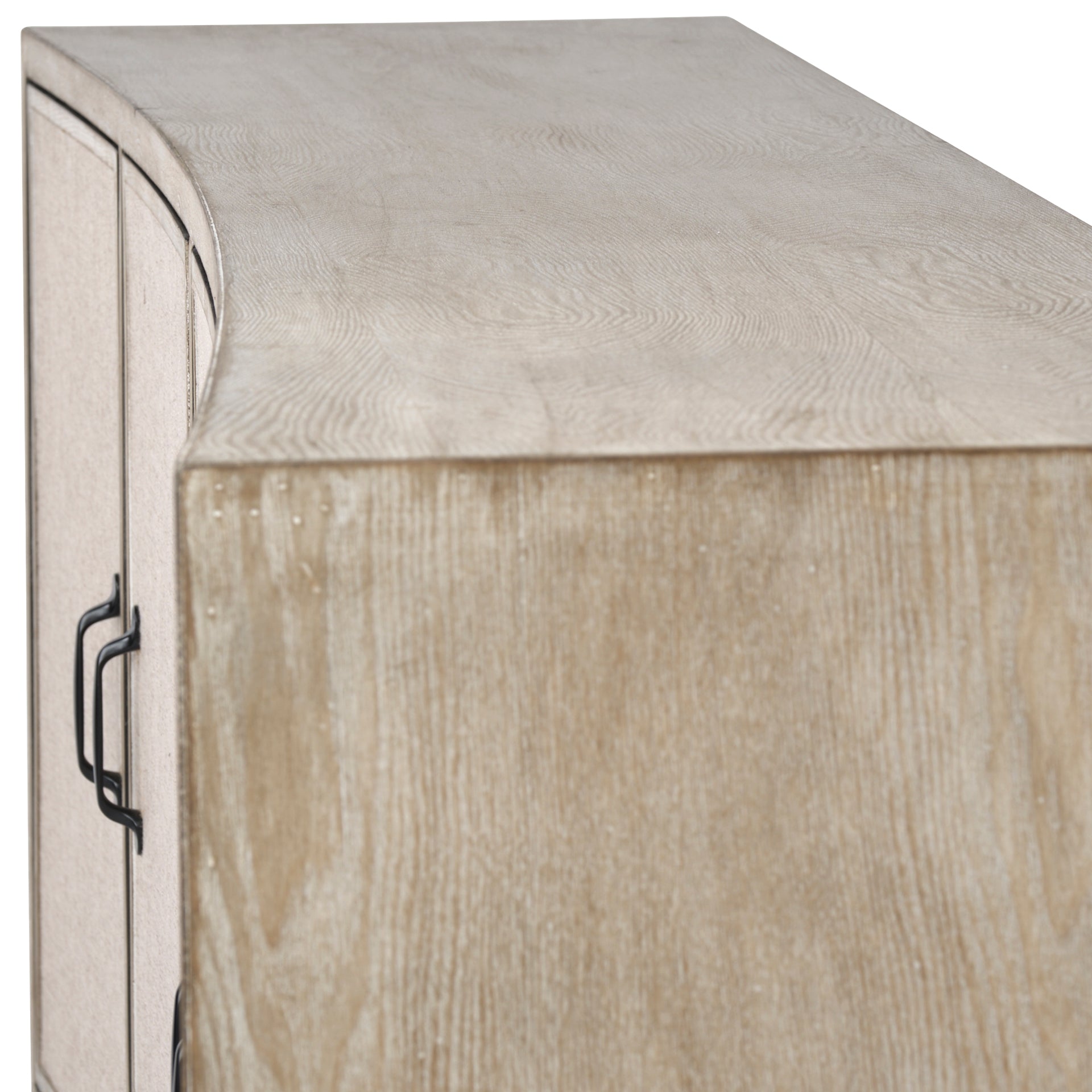 Front view of the Bellefontaine sideboard featuring textured grasscloth door panels and matte black vertical metal handles