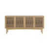 Straight-on front view showcasing the four symmetrical fluted glass doors and the clean lines of the oak wood frame