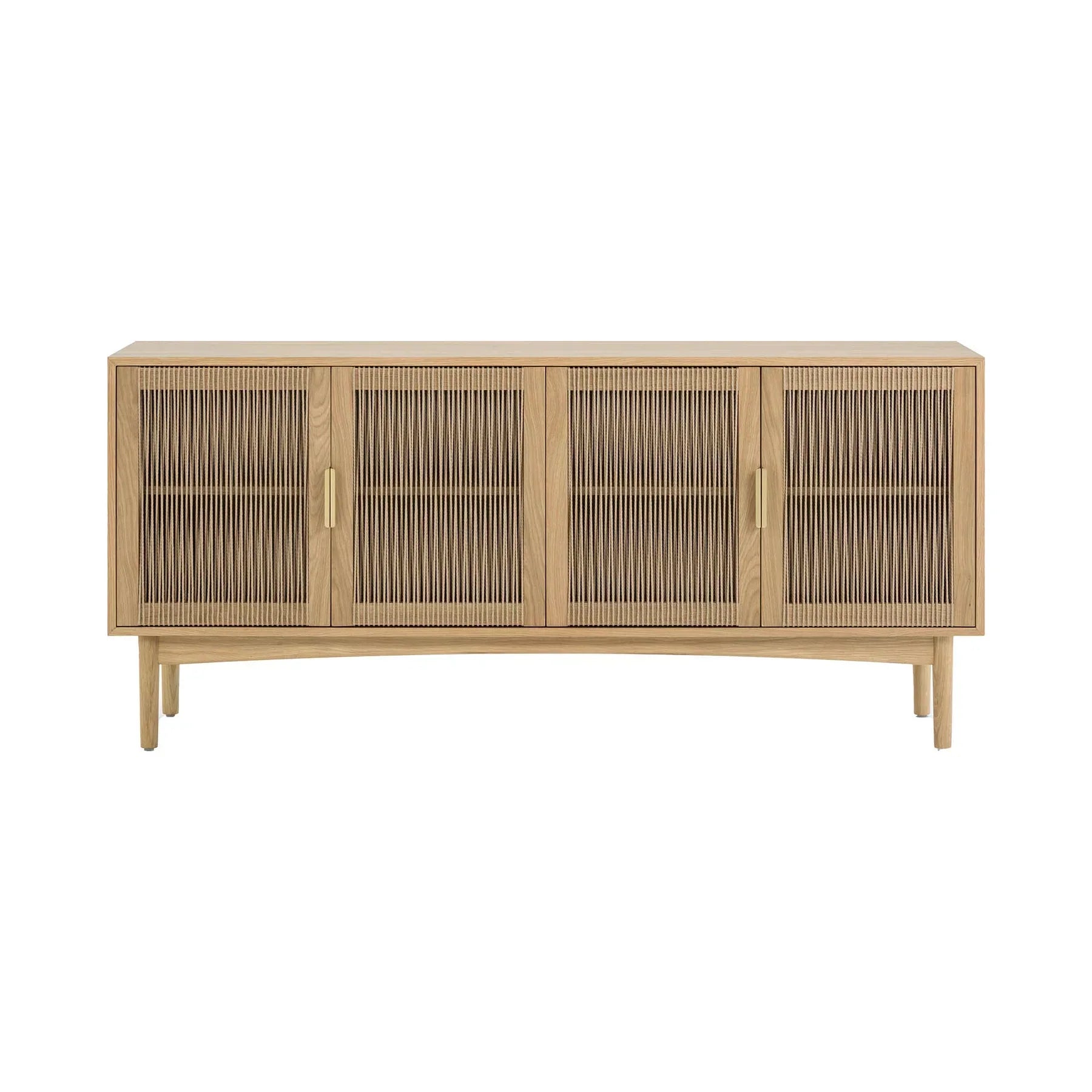 Front perspective view of the Lumina 4-door sideboard featuring a light oak wood frame, fluted glass door panels, and elegant vertical gold metal handles