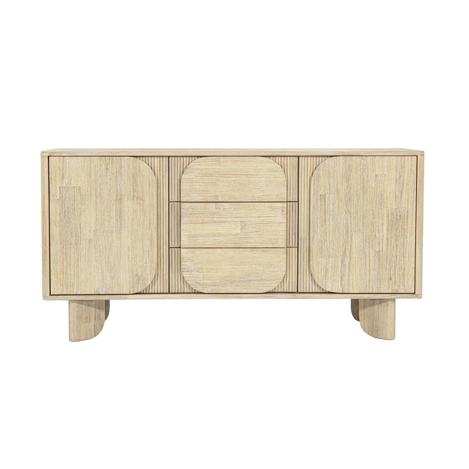 Front perspective view of the Haru sideboard in a light oak finish featuring unique rounded door and drawer panels with a minimalist plinth base