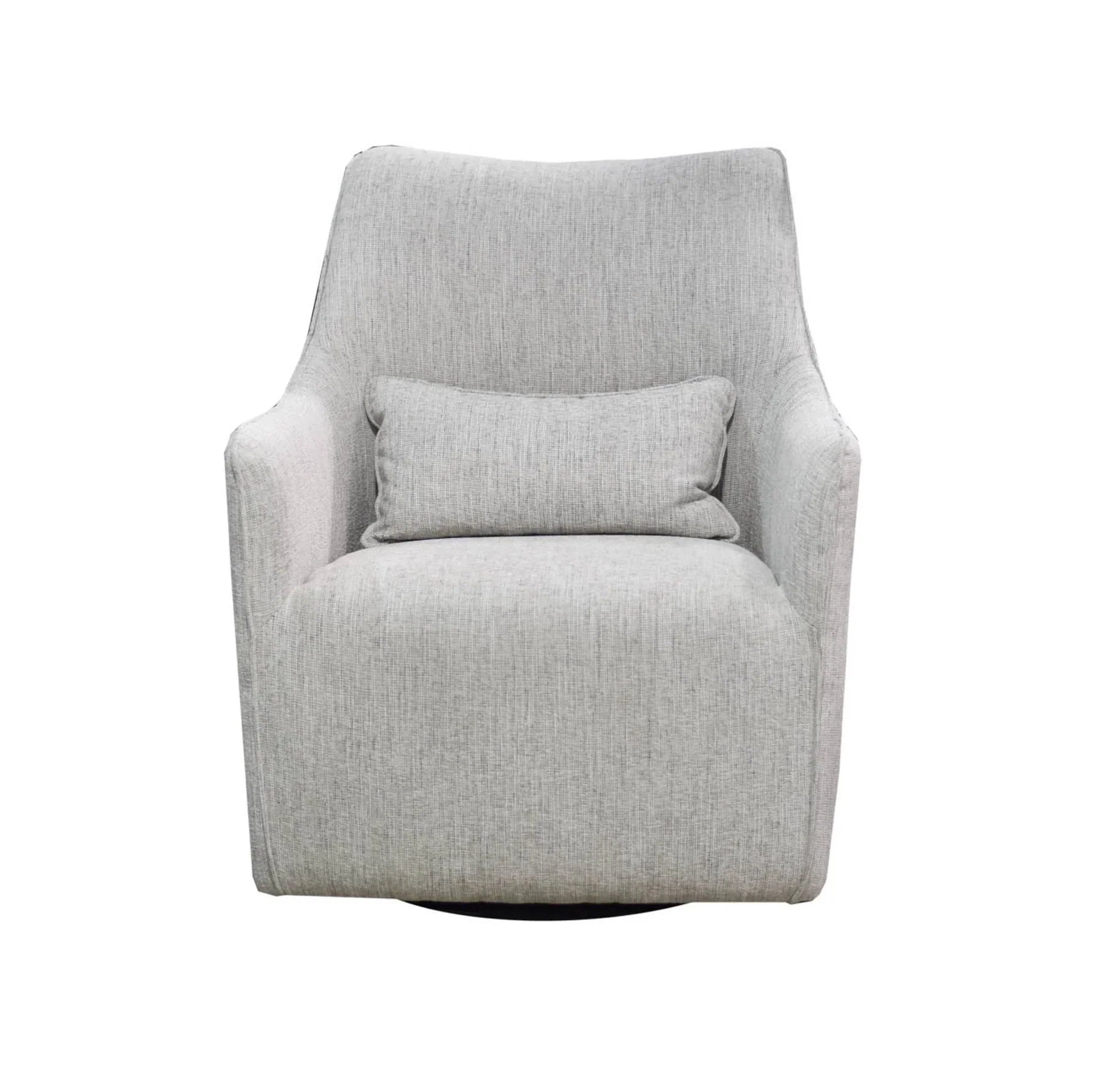 Front view of the Lilith Swivel Chair in grey woven linen fabric with a matching lumbar pillow