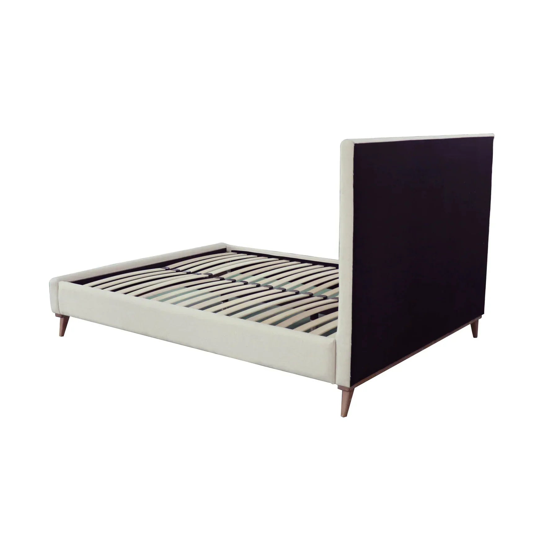 Front view of the Livorno queen platform bed featuring a cream fabric upholstered headboard with modern horizontal tufting