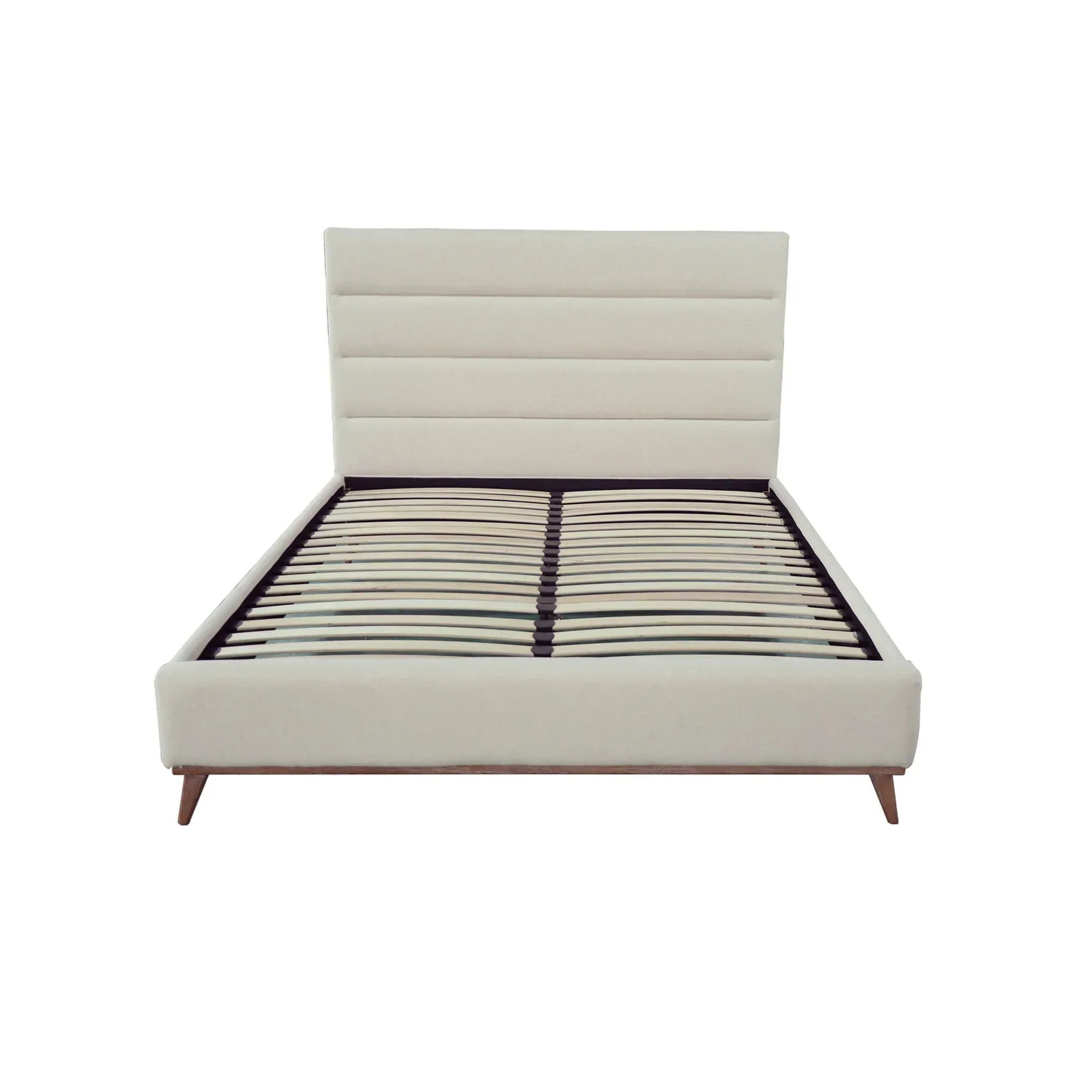 Front view of the Livorno queen platform bed featuring a cream fabric upholstered headboard with modern horizontal tufting