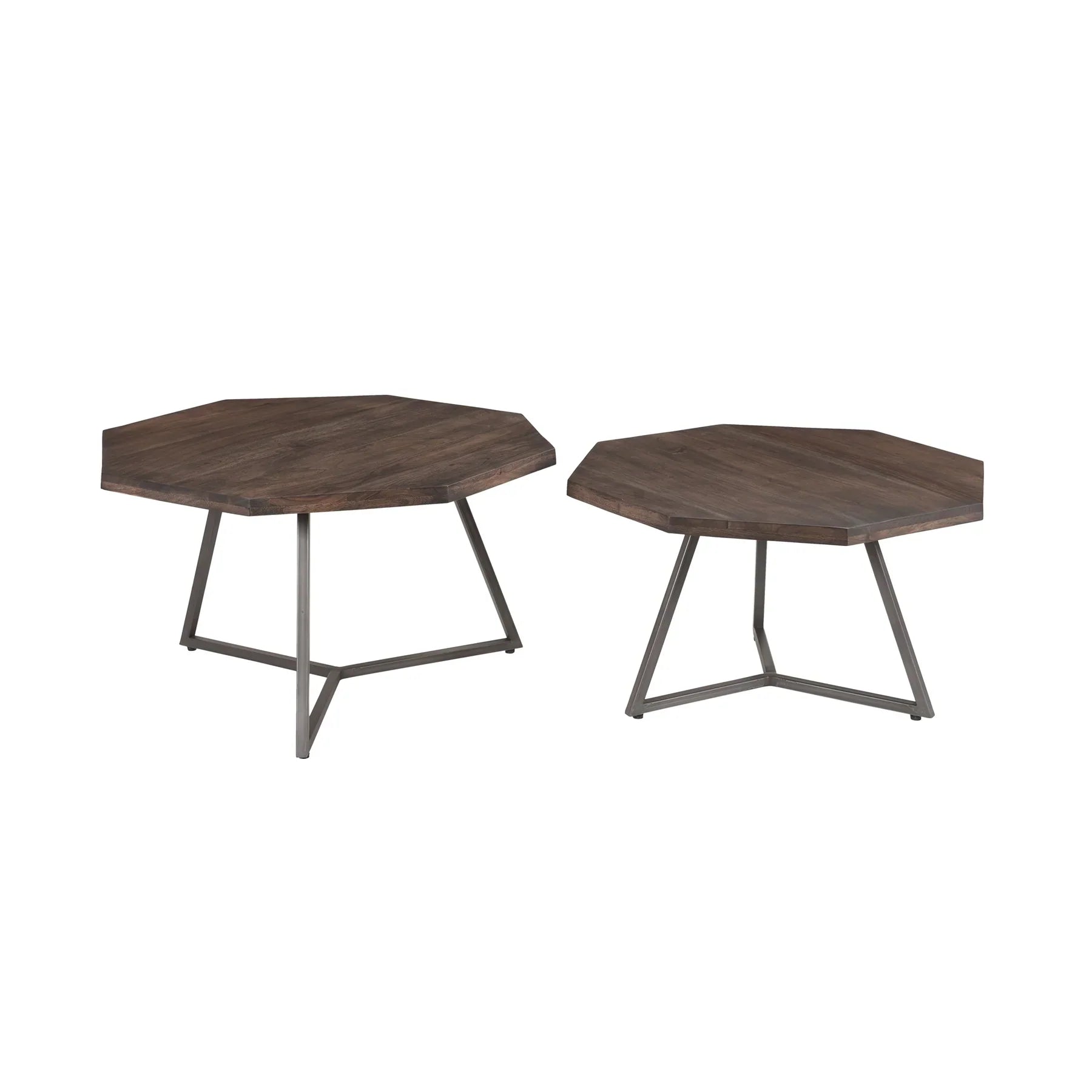 Front view of the Loft nesting table set featuring two octagonal wood tops in a dark vinegar finish with minimalist grey metal tripod frames